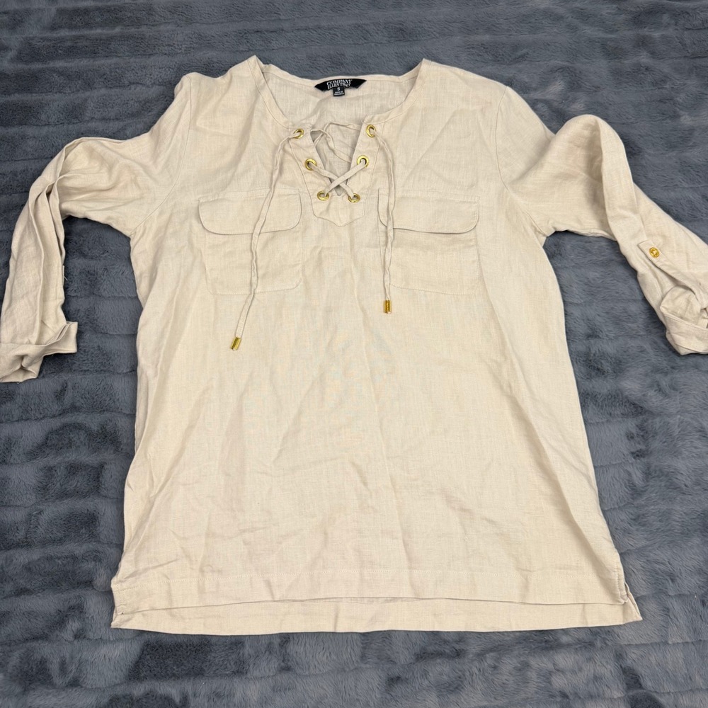 Company Ellen Tracy Sandstone 100% Linen Lace Up Tunic Top Beige Small ECMS7